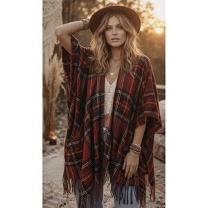 Mud Pie Red Tartan Plaid Shawl Wrap One Size Boho Winter Holiday Classic Cozy